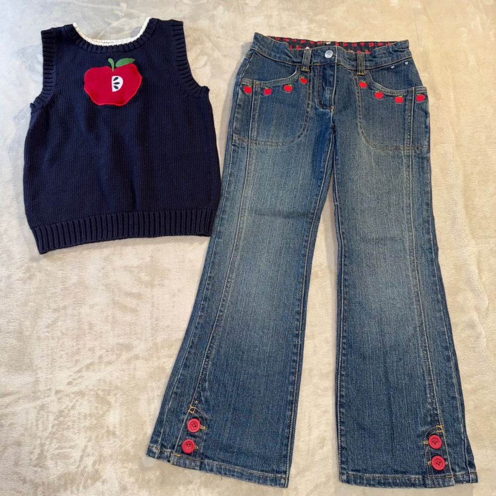 Gymboree Girls Y2K 2007 Apple Sweater Vest and Flare Jeans Set Navy Blue Size 7